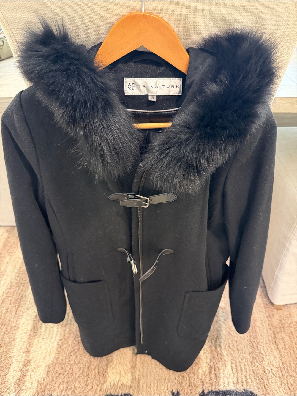 Trina Turk Black Wool Pea Coat with Fox Fur Collar